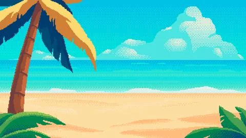 Beach pixel art background. 2d backdrop in 8-bit retro video game style. Stock Illustration