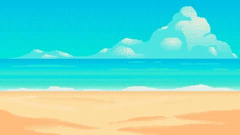 Beach pixel art background. 2d backdrop for 8-bit retro video game or mobile 스톡 일러스트