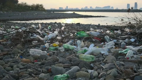 Beach plastic pollution. Plastic bottles and other trash on sea stone beach Stock Footage 232626823