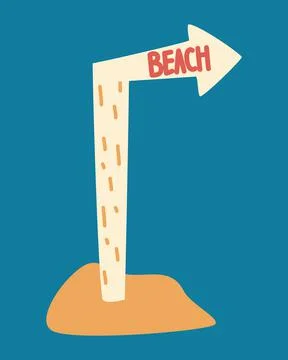 Beach Pointer. Wooden tablet on the leg with the inscription Beach in a hill  Stock Illustration