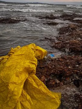Beach polluted with plastic waste.environmental problems of humanity Stock Photos