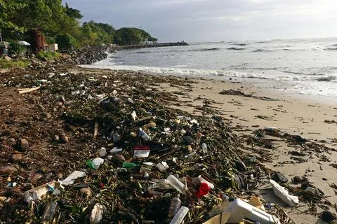 Beach pollution. Plastic bottles and other trash on sea beach Stock Photos