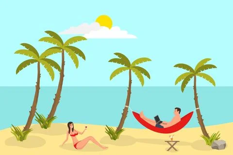 Beach reading background with sand palms. Freelance man, working and lying Stock Illustration