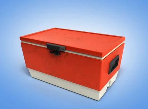 Beach refrigerator Cooler red 3d render on blue gradient background Illustrazione stock