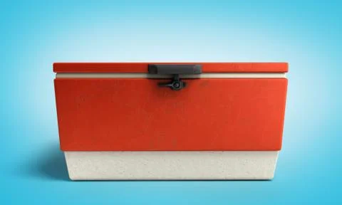 Beach refrigerator Cooler red 3d render on blue gradient background Illustrazione stock