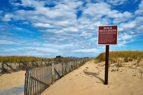 Beach regulations sign at Cape Cod Beach regulations sign at Cape Cod, Mas... Stock Photos