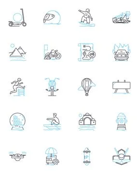 Beach resort linear icons set. Sand, Sun, Waves, Hammock, Ocean, Palm trees Stock Illustration
