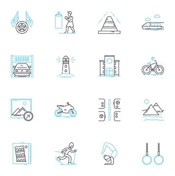 Beach resort linear icons set. Sand, Sun, Waves, Hammock, Ocean, Palm trees Stock Illustration