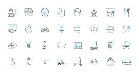 Beach resort linear icons set. Sand, Sun, Waves, Hammock, Ocean, Palm trees Stock Illustration