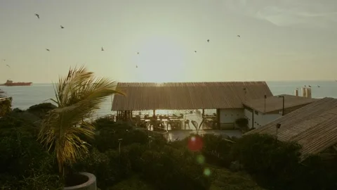 Beach Restaurant in the Afternoon, Birds Flying Over Ocean in Beach house Stock Footage 324924497