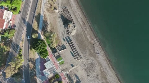 Beach restoration construction work on Malaga coastline aerial Stock Footage 337431671