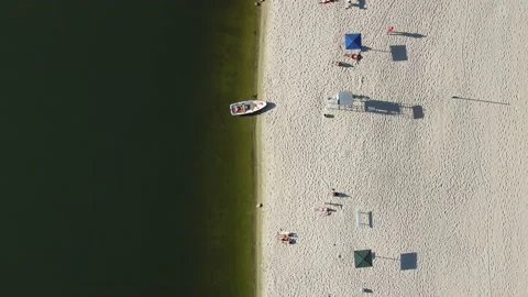Beach on the river, top view in motion Stock Footage 217836415
