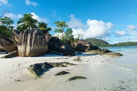 Beach rock formations at anse lislette Foto stock