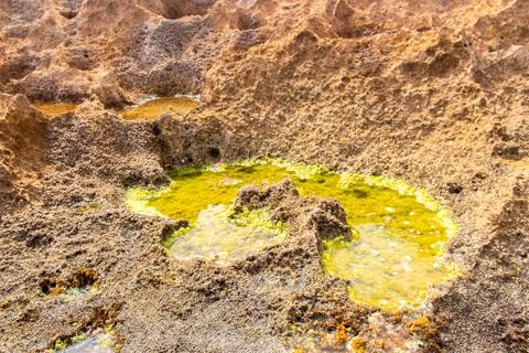 A beach with rock formations, water and land. Rimel, Bizerte, Tunisia Stock Photos