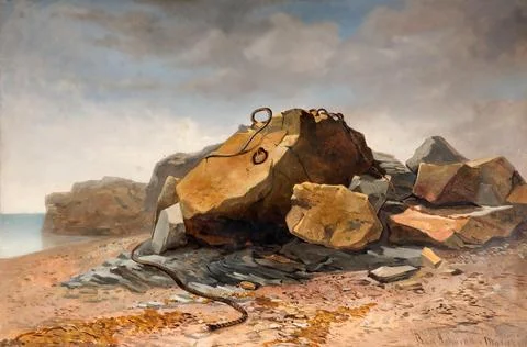 Beach rocks and a washed up dew in the sand scene in Cornwall 1858 England Stock Illustration