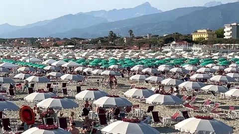 Beach with rows of umbrellas and sunbeds on beach Versilia Stock Footage 340033422
