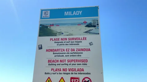 Beach safety and warning signpost on the Milady beach in Biarritz 库存影片 340151712