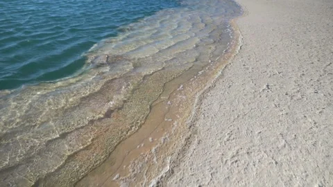 Beach of salt and sand at the edge of a lake of icy water, in Atacama, Chile Stock Footage 237012741