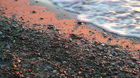 Beach of Sand and Pebbles at Sunset Turns Into a Beautiful Golden Bokeh Stock Footage 61495948