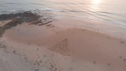 Beach Sand Artwork and Shoreline, California, Curving Aerial View, 4K Stock Footage 147911206