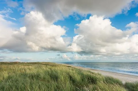 Beach with sand dunes and marram grass, blue sky and clouds in soft evening Stock Photos