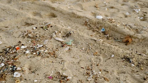 Beach sand full of microplastic garbage waste due to  Climate change and Vídeo Stock 123902992