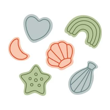 Beach sand molds set with starfish seashell heart rainbow vector illustration Stock Illustration