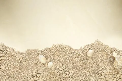 Beach sand texture with sea shells. Sandy beach for background. Top view bounty Stock Photos