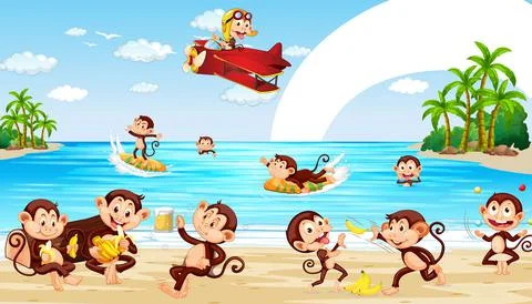 Beach scene with little monkeys doing different activities Stock Illustration
