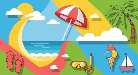 A beach scene with a red and white parasol Stock Illustration