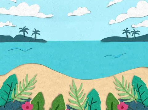 Beach scene with sun, cloud and tropical leaf paper cut style background. Illustrazione stock