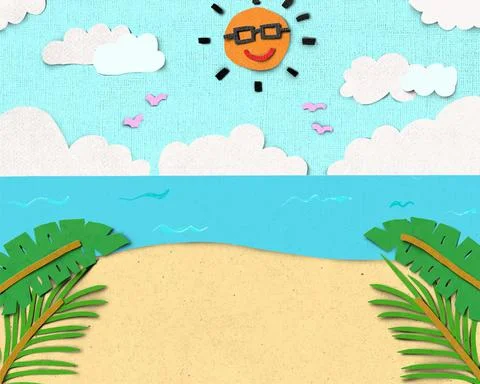 Beach scene with sun, cloud and tropical leaf paper cut style background. Stockillustratie