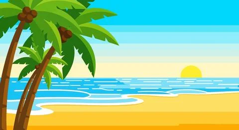 A beach scene with two palm trees at sunset Stock Illustration