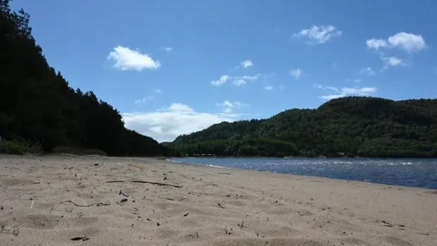 Beach scene with water, trees, and hills at fjord in Norway during daytime .. Stock Footage 340213866