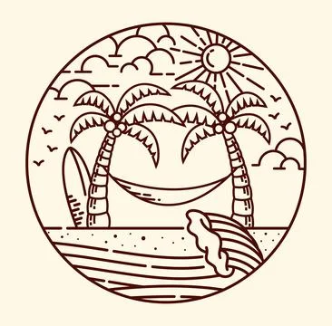 Beach scenery vector line illustration hand drawn Stock Illustration
