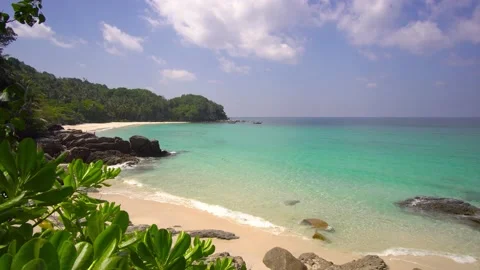 Beach sea sand sun cloud water wave blue sky background Freedom Phuket Thailand Stock Footage 153376502