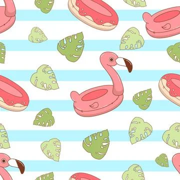 Beach Seamless pattern. Cute summer Toy inflatable pink flamingo and donut .. Illustrazione stock