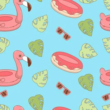 Beach Seamless pattern. Cute summer Toy inflatable pink flamingo and donut .. Illustrazione stock