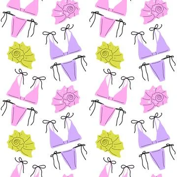 Beach seamless pattern with pink and purple bikinis and sea shells on white 스톡 일러스트