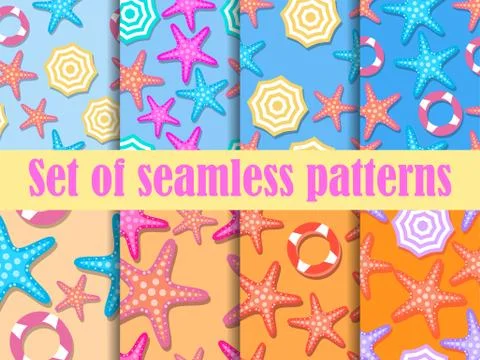 Beach seamless pattern set, top view. Beach umbrella and colorful starfish. F 스톡 일러스트
