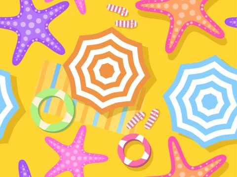 Beach seamless pattern, top view. Beach umbrella and towel on the sand, starf Stock Illustration
