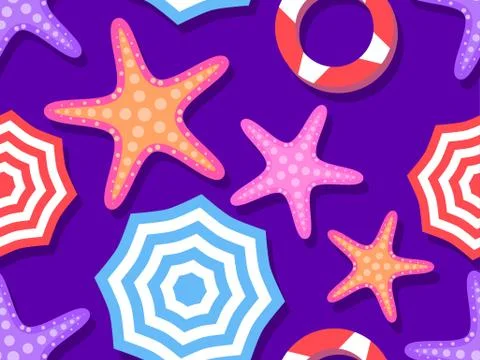 Beach seamless pattern, top view. Beach umbrella and towel on violet backgrou Stock Illustration