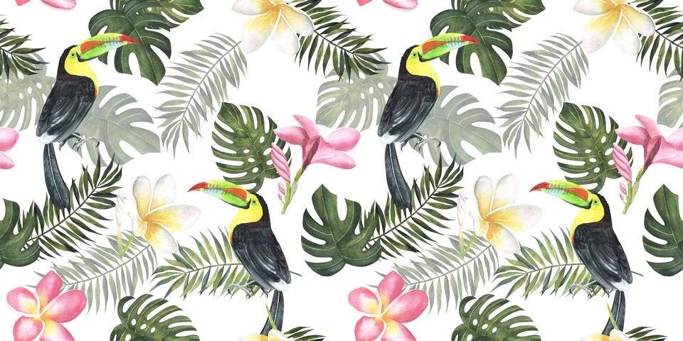 Beach seamless pattern wallpaper of tropical dark green leaves of palm trees and Stock Illustration