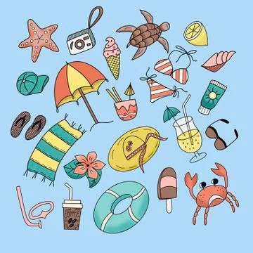 Beach set on a blue background Illustrazione stock