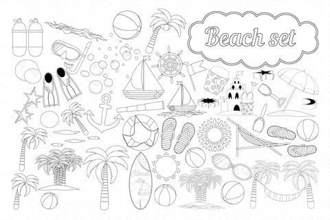 Beach Set Coloring Page Stock Illustration