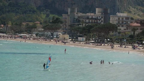 Beach Sicily windsurfer Stock Footage 147041338
