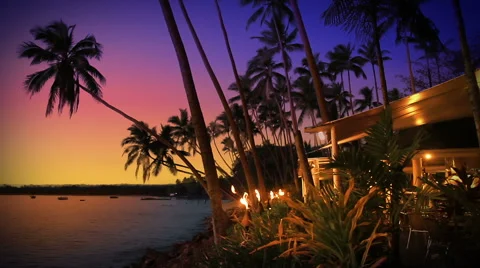 Beach-side restaurant/cafe, at sunset in tropical Fiji. Stock Footage 41386520