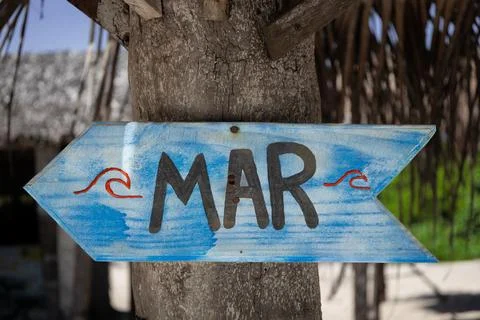 Beach sign with a positive message. Typical tropical beach sign. MAR caption. Stock-Fotos