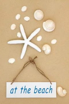 At The Beach Sign with Seashells 스톡 사진