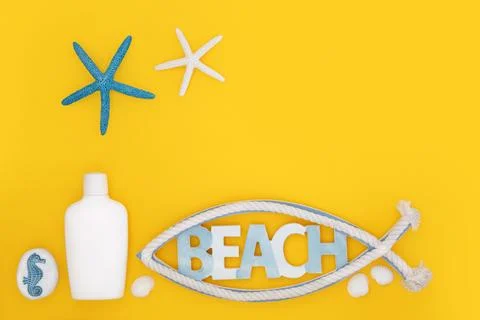 Beach Sign Shells and Summer Suntan Lotion Bottle Stock Photos